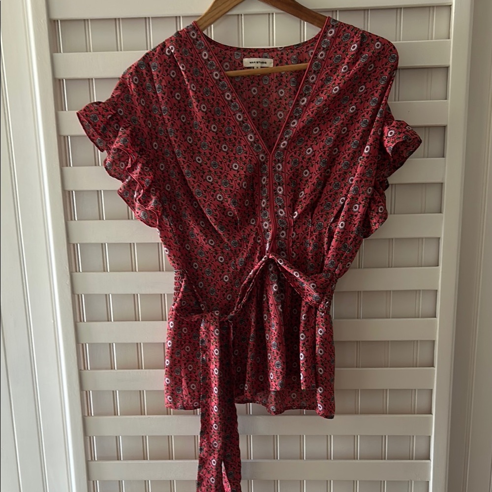 Max Studio Red Flutter Sleeve Wrap Blouse
